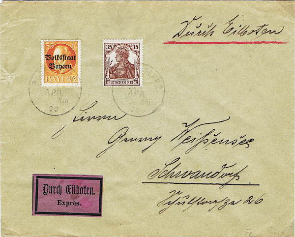 Eilbotenbrief mit bayrischer Marke und Marke des Deutschen Reiches